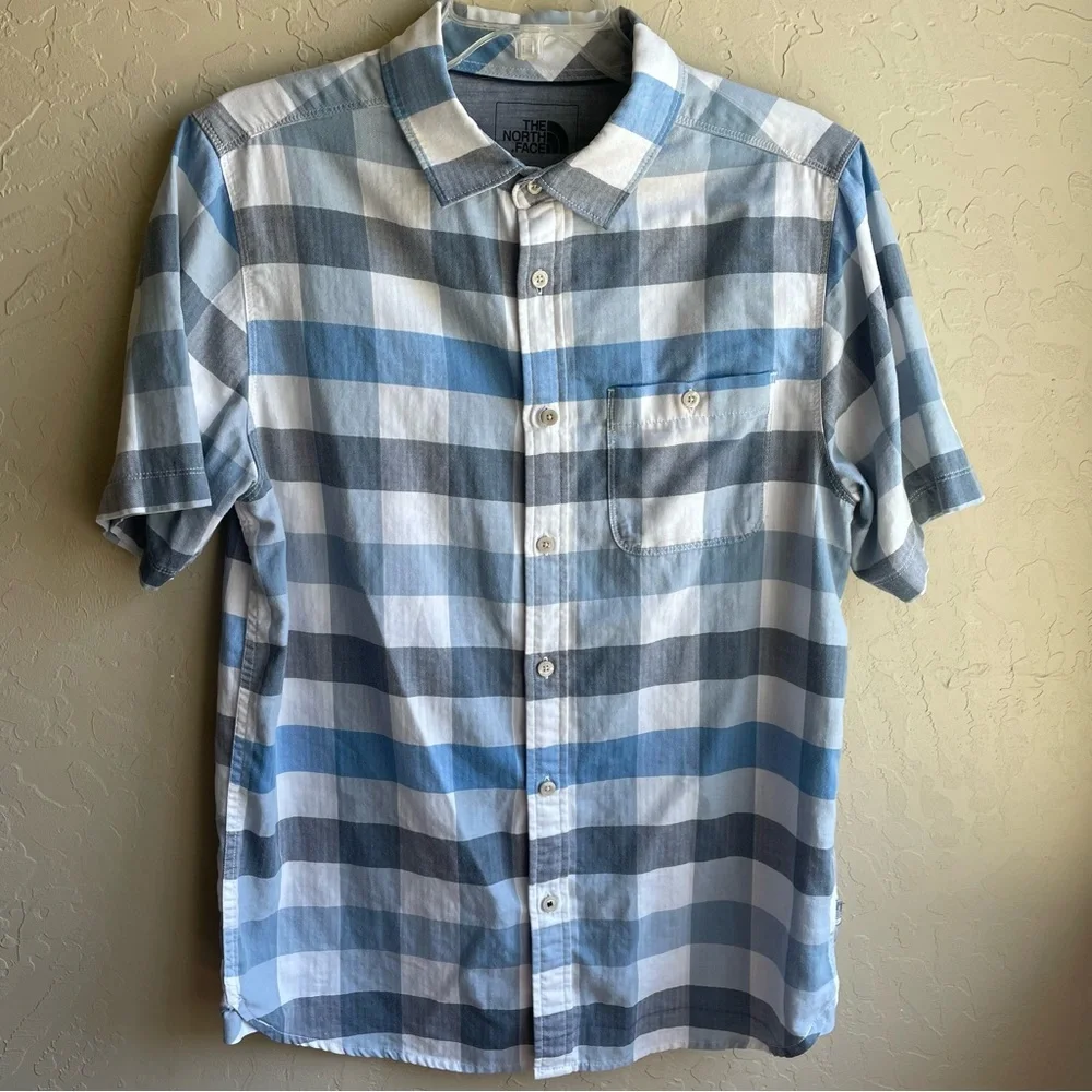 The North Face Short Sleeve Button Down Shirt Blue Gray Plaid M